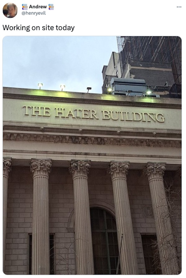 funny tweets and memes - Parker Posey - Andrew Working on site today The Hater Building