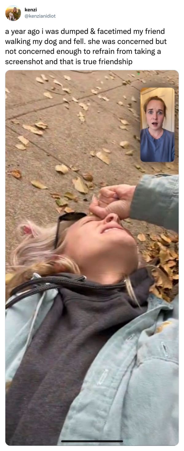 funny tweets and memes - photo caption - kenzi a year ago i was dumped & facetimed my friend walking my dog and fell. she was concerned but not concerned enough to refrain from taking a screenshot and that is true friendship