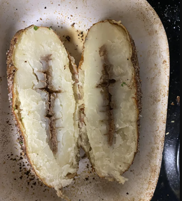 “Spent an hour perfectly roasting this potato for dinner, only to cut it open and find this.”