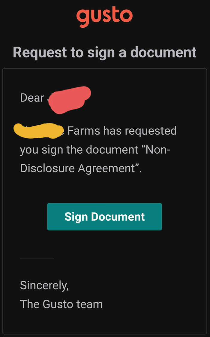terrible bosses - media - gusto Request to sign a document Dear Farms has requested you sign the document