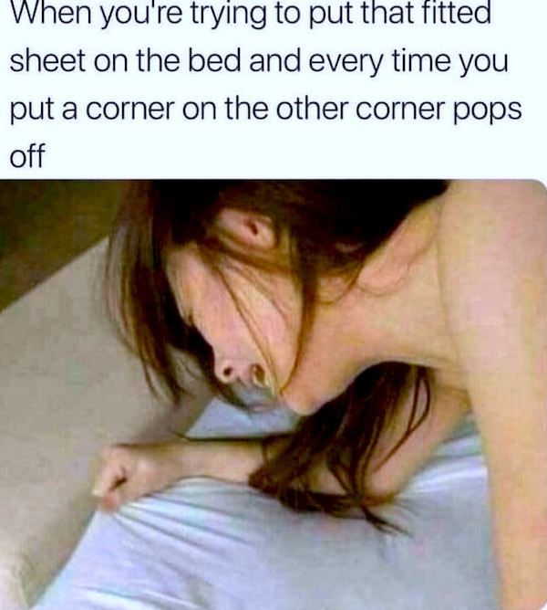 spicy sex meems - photo caption - When you're trying to put that fitted sheet on the bed and every time you put a corner on the other corner pops off