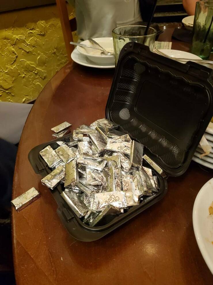 “Our waiter at Olive Garden gave us a to-go box full of mints”