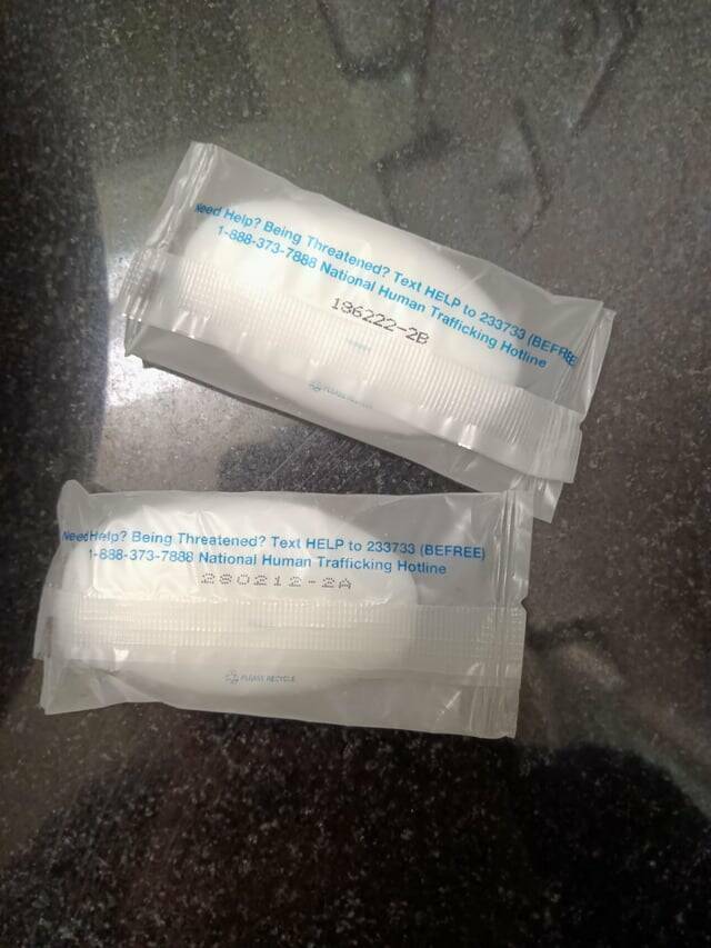 "These Bars of soap at the hotel I'm staying at has the National Human Trafficking Hotline"