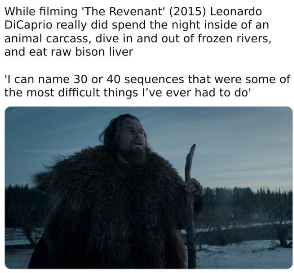 fascinating movie facts - fauna - While filming 'The Revenant' 2015 Leonardo DiCaprio really did spend the night inside of an animal carcass, dive in and out of frozen rivers, and eat raw bison liver 'I can name 30 or 40 sequences that were some of the mo