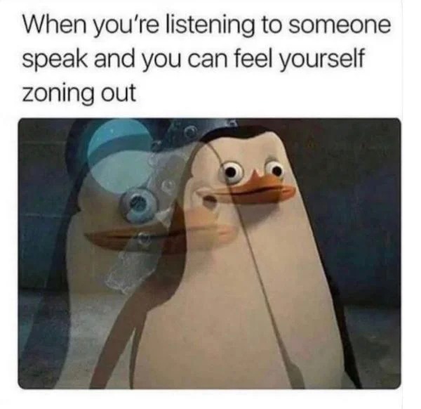 relatable memes - madagascar penguin zoning out - When you're listening to someone speak and you can feel yourself zoning out