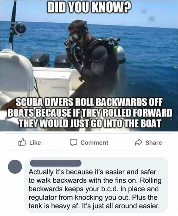 water transportation - Did You Know? Scuba Divers Roll Backwards Off Boats Because If They Rolled Forward They Would Just Go Into The Boat Comment Actually it's because it's easier and safer to walk backwards with the fins on. Rolling backwards keeps your