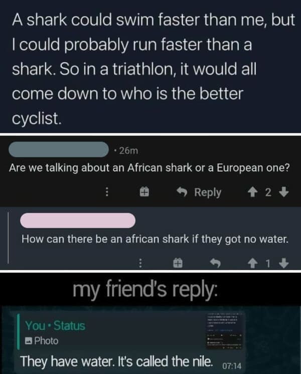 screenshot - A shark could swim faster than me, but I could probably run faster than a shark. So in a triathlon, it would all come down to who is the better cyclist. 26m Are we talking about an African shark or a European one? 2 How can there be an africa