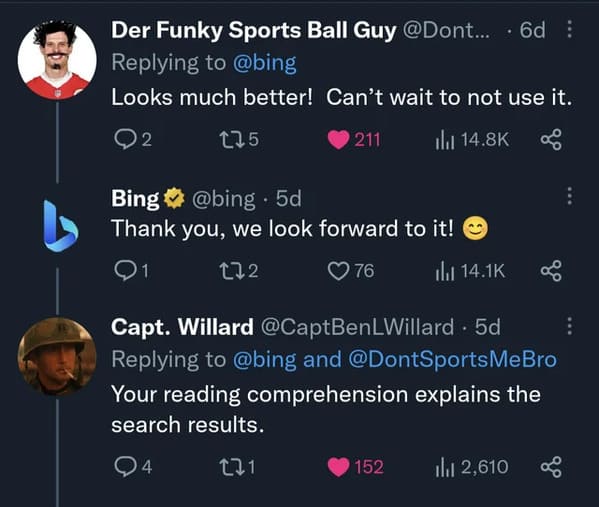 screenshot - Der Funky Sports Ball Guy ... 6d Looks much better! Can't wait to not use it. 02 175 211 1 Bing 5d Thank you, we look forward to it! 172 76 152 Capt. Willard . 5d and Me Bro Your reading comprehension explains the search results. 4 271 il1 2,