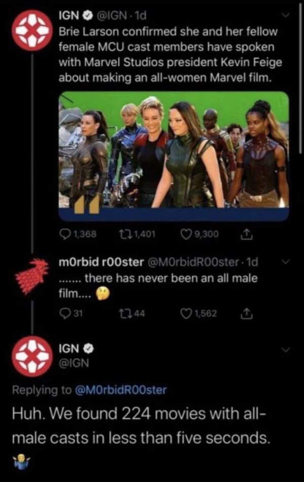 screenshot - Ign Brie Larson confirmed she and her fellow female Mcu cast members have spoken with Marvel Studios president Kevin Feige about making an allwomen Marvel film. 1,368 11,401 morbid r00ster 1d . there has never been an all male film.... 31 Ign