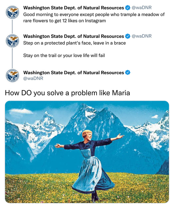 love to go a wandering - Camer Washington State Dept. of Natural Resources Good morning to everyone except people who trample a meadow of rare flowers to get 12 on Instagram Washington State Dept. of Natural Resources Step on a protected plant's face, lea