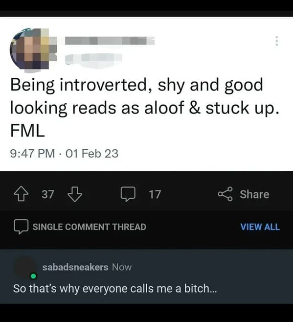 screenshot - Being introverted, shy and good looking reads as aloof & stuck up. Fml 01 Feb 23 437 Single Comment Thread 17 sabadsneakers Now So that's why everyone calls me a bitch... View All