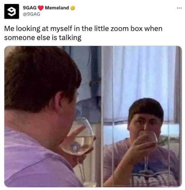 funniest tweets of the week - jaw - 9GAG Memeland 9 Me looking at myself in the little zoom box when someone else is talking Ma