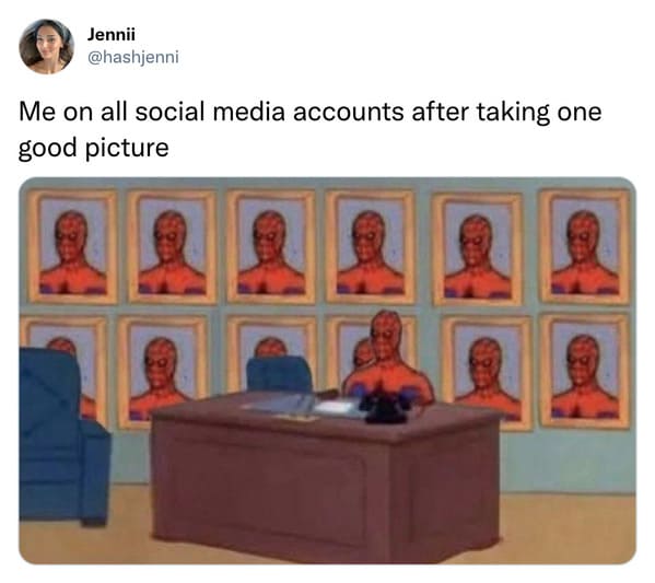 funniest tweets of the week - spiderman profile picture meme - Jennii Me on all social media accounts after taking one good picture