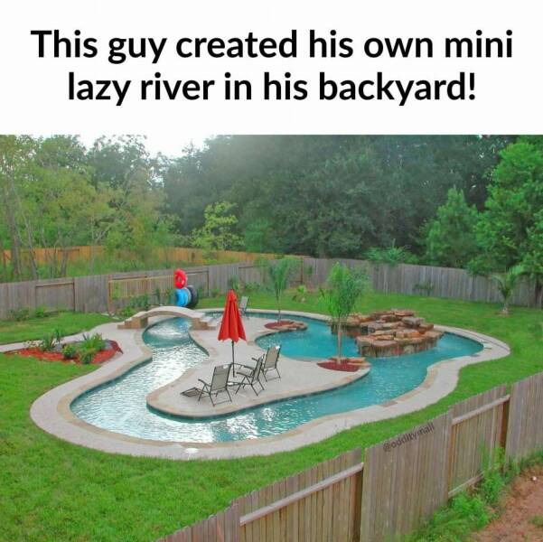 backyard lazy river - This guy created his own mini lazy river in his backyard!