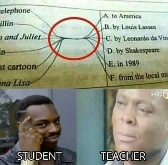Highlighted Jokes - modern problems require modern solutions meme - elephone illin and Juliet in st cartoon na Lisa Student A. to America B. by Louis Lassen C. by Leonardo da Vina D. by Shakespeare E. in 1989 F. from the local mu Teacher Sabc