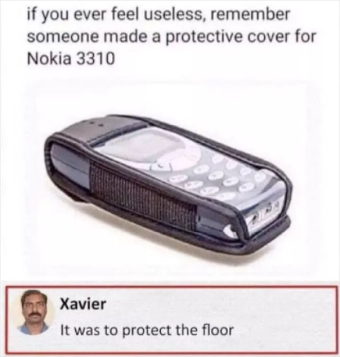 Highlighted Jokes - light - if you ever feel useless, remember someone made a protective cover for Nokia 3310 Xavier It was to protect the floor