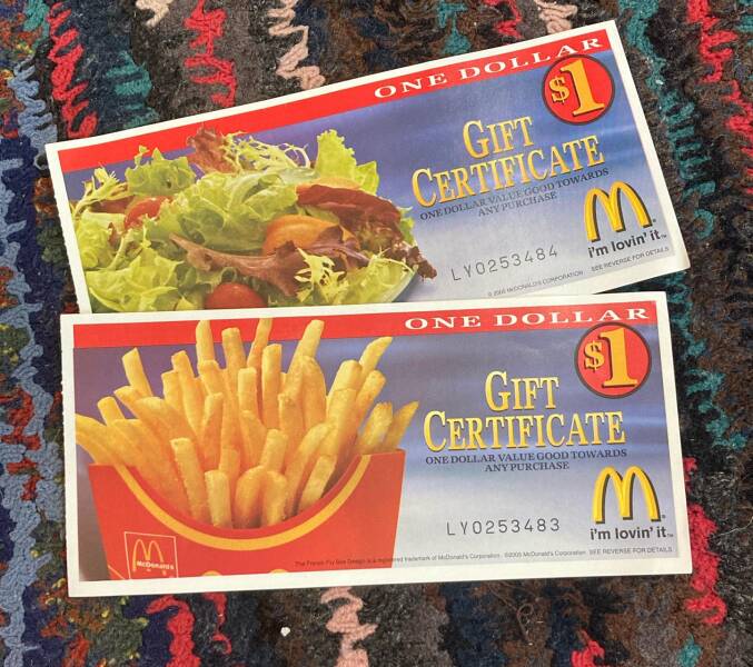 fascinating photos - vegetarian food - M McD The Fr One Dollar $1 Gift Certificate One Dollar Value Good Towards Any Purchase M I'm lovin' it. Noonals Corporation Ser Reverse For Details LY0253484 One Dollar $1 Gift Certificate One Dollar Value Good Towar