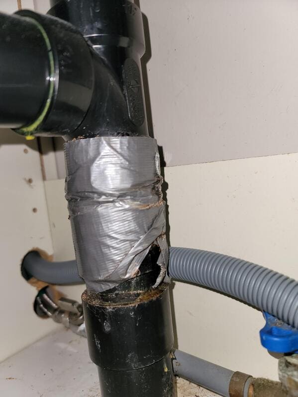 “Hired a local contractor to fix a leak under my kitchen sink a few years ago. I never inspected his work. Installing a dishwasher today and this is how he repaired it.”