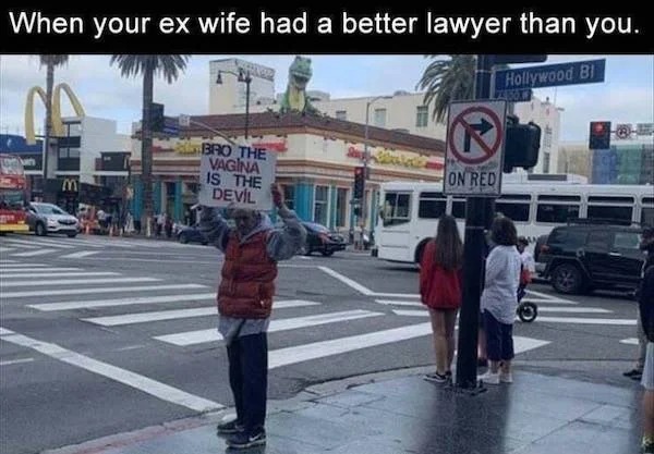 spicy sex memes - pedestrian - When your ex wife had a better lawyer than you. Hollywood Bl Bro The Vagina Is The Devil On Red