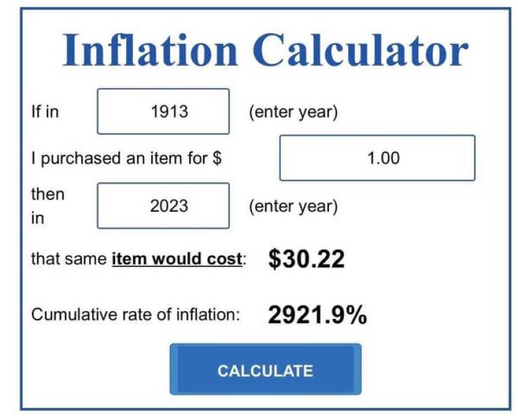 One dollar in 1913 is worth $30.22 today: