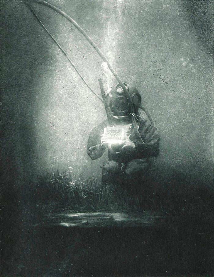 This photo, taken by Louis Botan in 1899, is one of the first photos ever taken underwater:The very first picture taken underwater was done some years earlier, but that was done by attaching a camera to a pole and lowering it into the water. This is the first taken by a diver also submerged.