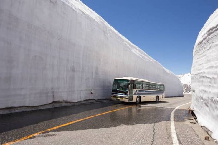 There's a road in Japan that connects the Toyama and Nagano prefectures that are surrounded by giant snow walls that reach up to 65 feet high: