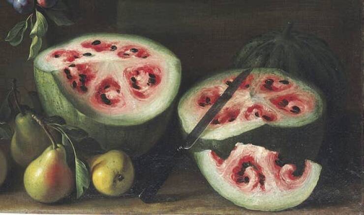 This 17th-century painting by Giovanni Stanchi shows what the inside of a watermelon looked like in the 1600s, before selective breeding: