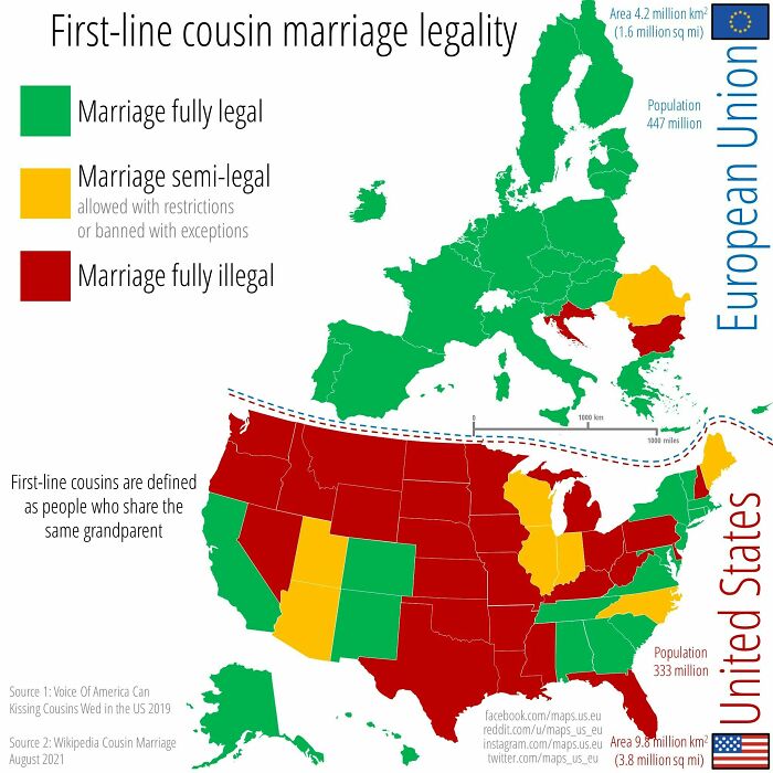 infographs and charts -cousin marriage europe - Firstline cousin marriage legality Marriage fully legal Marriage semilegal allowed with restrictions or banned with exceptions Marriage fully illegal Firstline cousins are defined as people who the same gran