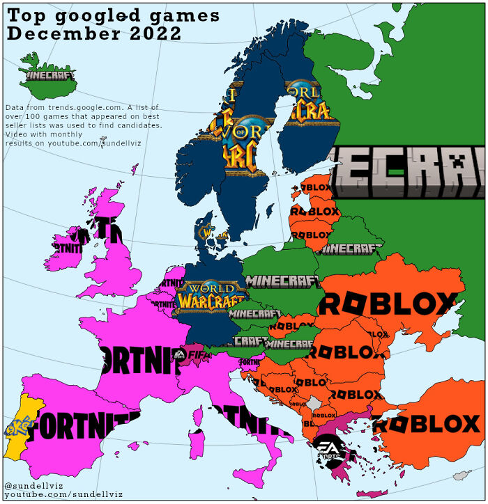 infographs and charts -europe map - Top googled games Minecraft Data from trends.google.com. A list of over 100 games that appeared on best seller lists was used to find candidates. Video with monthly results on youtube.comsundellviz Ortni Ortni youtube.c