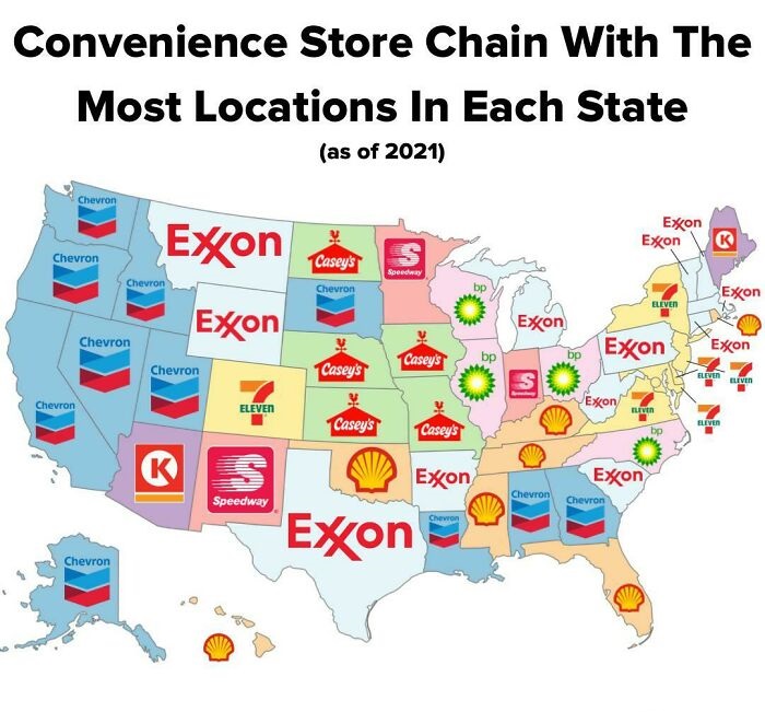 infographs and charts -befco bakauke observation deck - Convenience Store Chain With The Most Locations In Each State as of 2021 Chevron Chevron Chevron Chevron Chevron Chevron Exxon Exxon Chevron K Eleven Speedway Casey's Chevron Casey's Casey's S Speedw