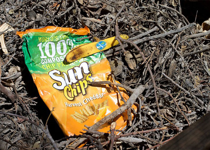 Those chip bags that would decompose in the ground. Too noisy, they said.

But I kind of feel all chip bags are noisy to some degree. That being said, we should've either poured the contents into a washable bowl or plate or something like that or just used the noise as a deterrent to prevent over-eating