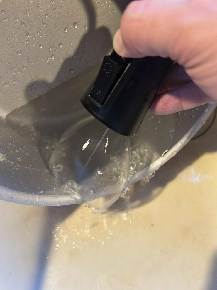 “My sink sprayer has a tough spot remover. It shoots a high pressure stream down the middle that is surprisingly powerful, but a cone of water around it that blocks all the splashes”