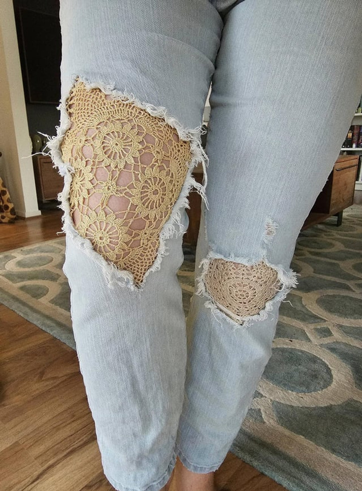 “My jeans were getting a little too distressed, so I sewed doilies into them.”