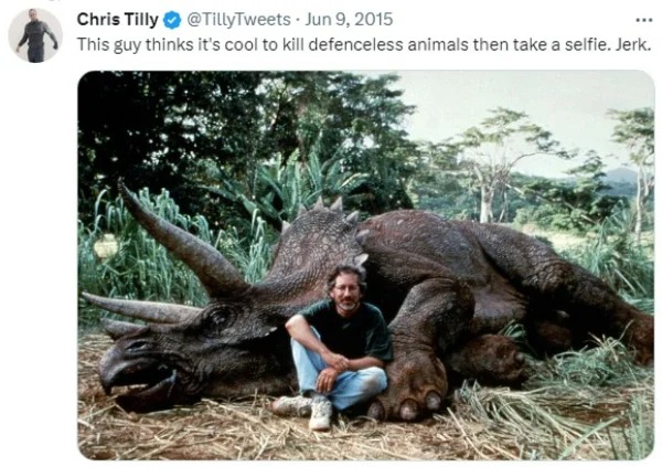 funny pics and memes - jurassic park steven spielberg - Chris Tilly Tweets This guy thinks it's cool to kill defenceless animals then take a selfie. Jerk. www