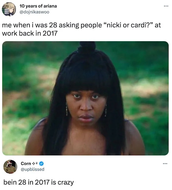 black hair - 10 years of ariana me when i was 28 asking people "nicki or cardi?" at work back in 2017 Corn bein 28 in 2017 is crazy ...
