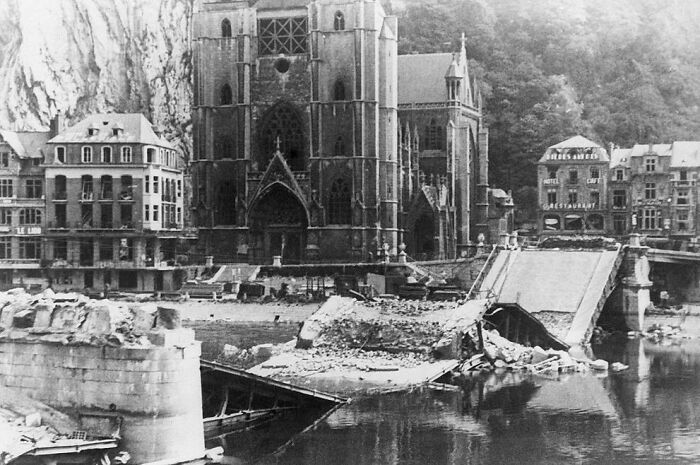 Belgians Blasted This Bridge Across The Meuse River In The Town Of Dinant, Belgium, But Shortly After, A Wooden Bridge Built By German Sappers Was Standing Next To The Ruins On June 20, 1940