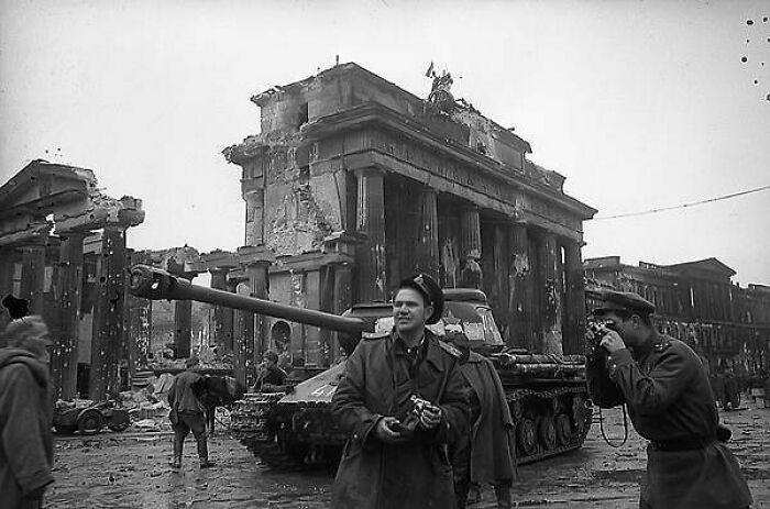 Pictured Above Is Russian Photographer Yevgeny Khaldei (Center) In Berlin With Soviet Forces, Near The Brandenburg Gate In May Of 1945