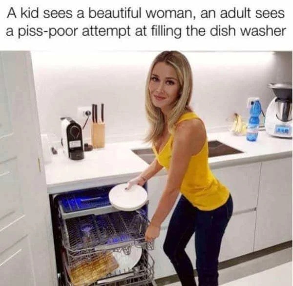 funny memes - - A kid sees a beautiful woman, an adult sees a pisspoor attempt at filling the dish washer