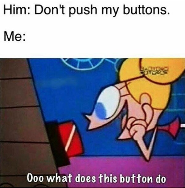 funny memes - does this button do meme - Him Don't push my buttons. Me Stwo Ooo what does this button do