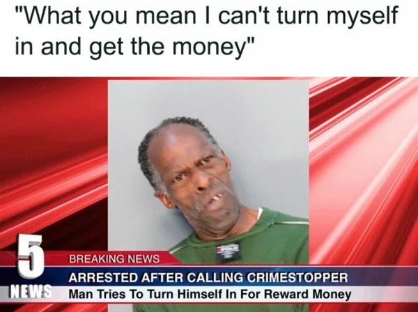 meme for broke folk - florida jail memes - "What you mean I can't turn myself in and get the money" 5 Breaking News Arrested After Calling Crimestopper News Man Tries To Turn Himself In For Reward Money
