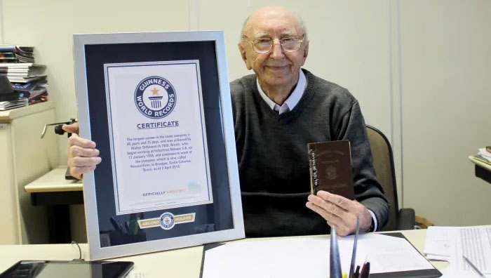 Walter Orthmann, a 100 year old, set the Guinness World Record for working at the same company for 84 years and nine days.