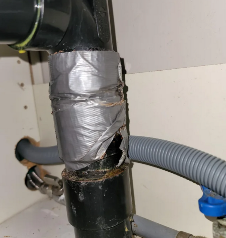 “Hired a local contractor to fix a leak under my kitchen sink a few years ago. Installing a dishwasher today, and this is how he repaired it.”