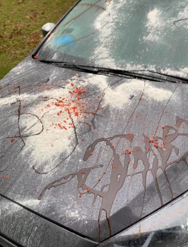 “My sisters are having ’Junior Senior Wars’ at their high school. This is how my car looked when I woke up.”