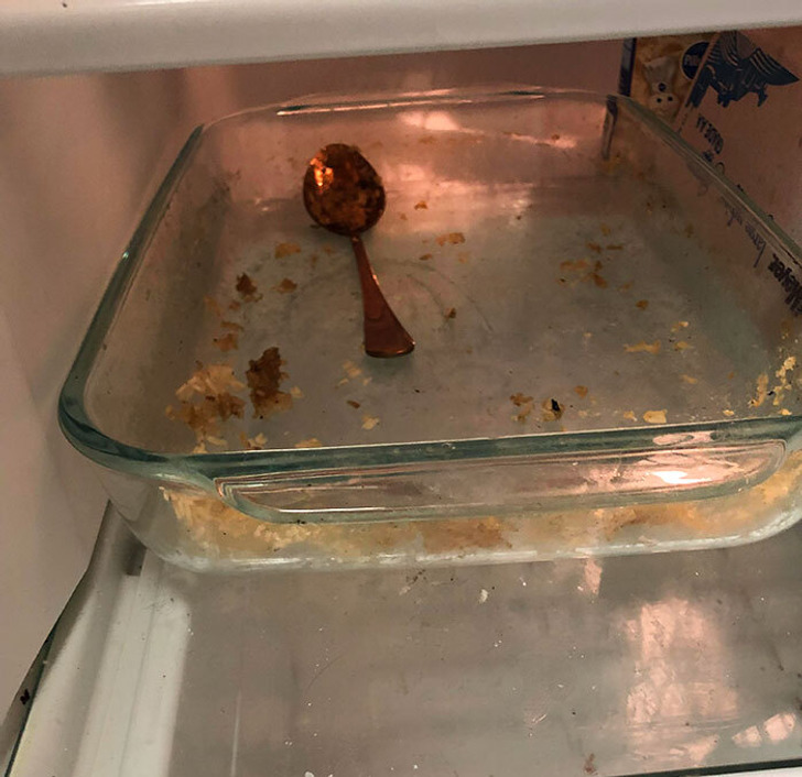 “Pulled the foil off of this to see what was in it, and it’s empty!! And still in the fridge!”