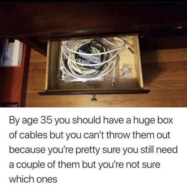 30 year old memes - Funny meme - By age 35 you should have a huge box of cables but you can't throw them out because you're pretty sure you still need a couple of them but you're not sure which ones