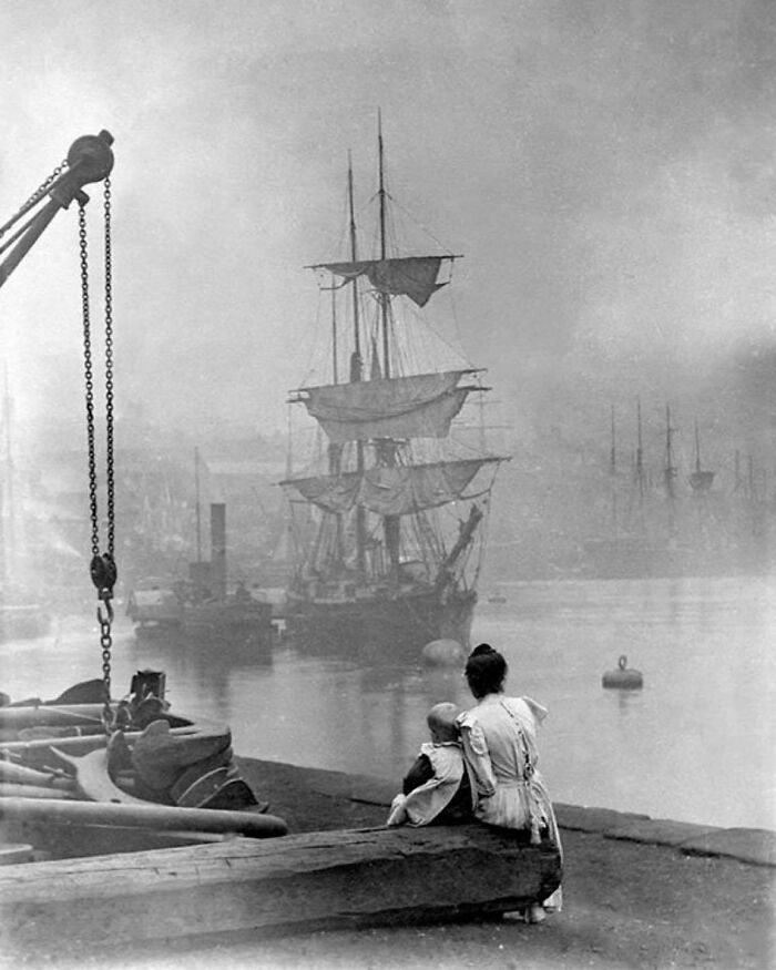 Mother And Daughter Watch A Tall Ship Navigate The Thames In London, 1880