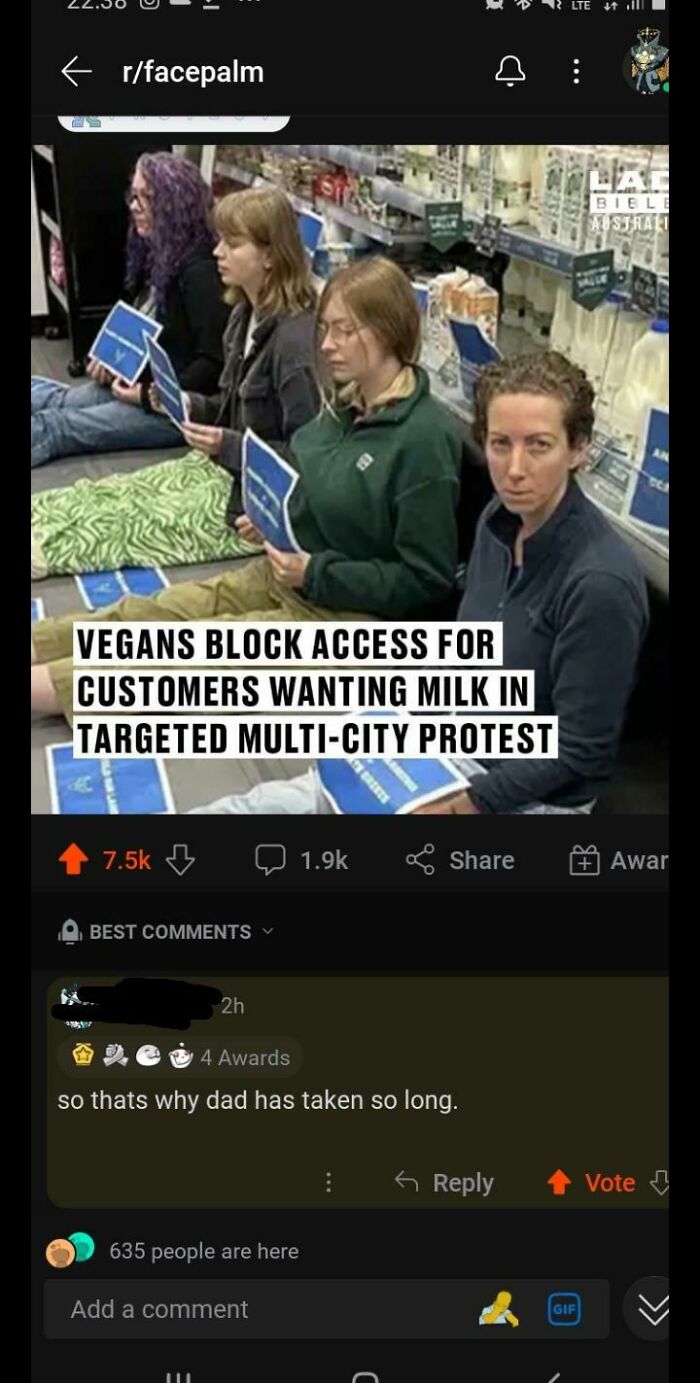 screenshot - Vegans Block Access For Customers Wanting Milk In Targeted MultiCity Protest Best 2h 4 Awards so thats why dad has taken so long. 635 people are here Add a comment