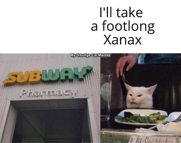 sunday funday memes -  cat - I'll take a footlong Xanax My Smudge Cat Memes Subway PharmacY