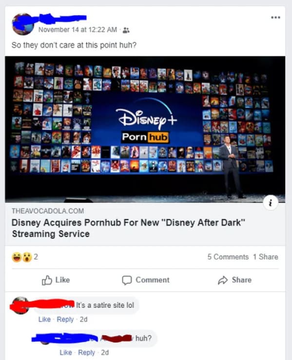 people who missed the joke - disney+ catalog - November 14 at So they don't care at this point huh? 5884 Theavocadola.Com Disney Acquires Pornhub For New "Disney After Dark" Streaming Service 2 Disney Porn hub It's a satire site lol 2d 2d Comment huh? ...