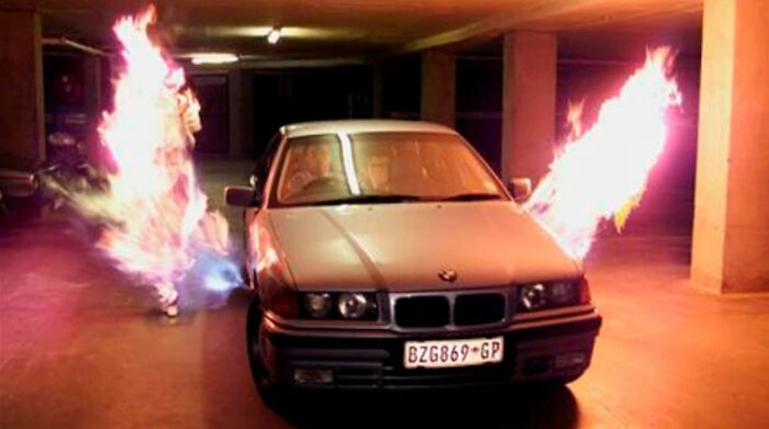 In 1998, the car flame thrower designed to prevent car jacking went on sale in South Africa.